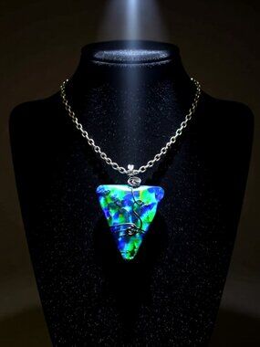 Amazing Colors! Hand Crafted Fused Glass Pendant w. Gunmetal Black Chain 24"